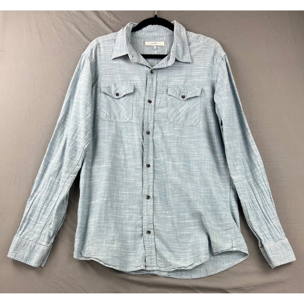 PD&C Button Down Shirt Mens Large Blue Excellent Long Sleeve Slub Casual Pockets